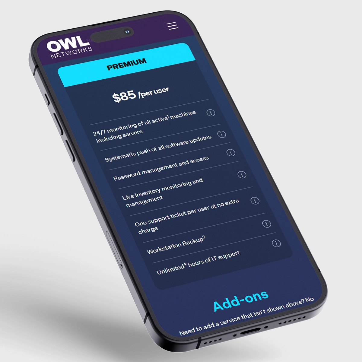 owl networks website pricing section on iPhone 15